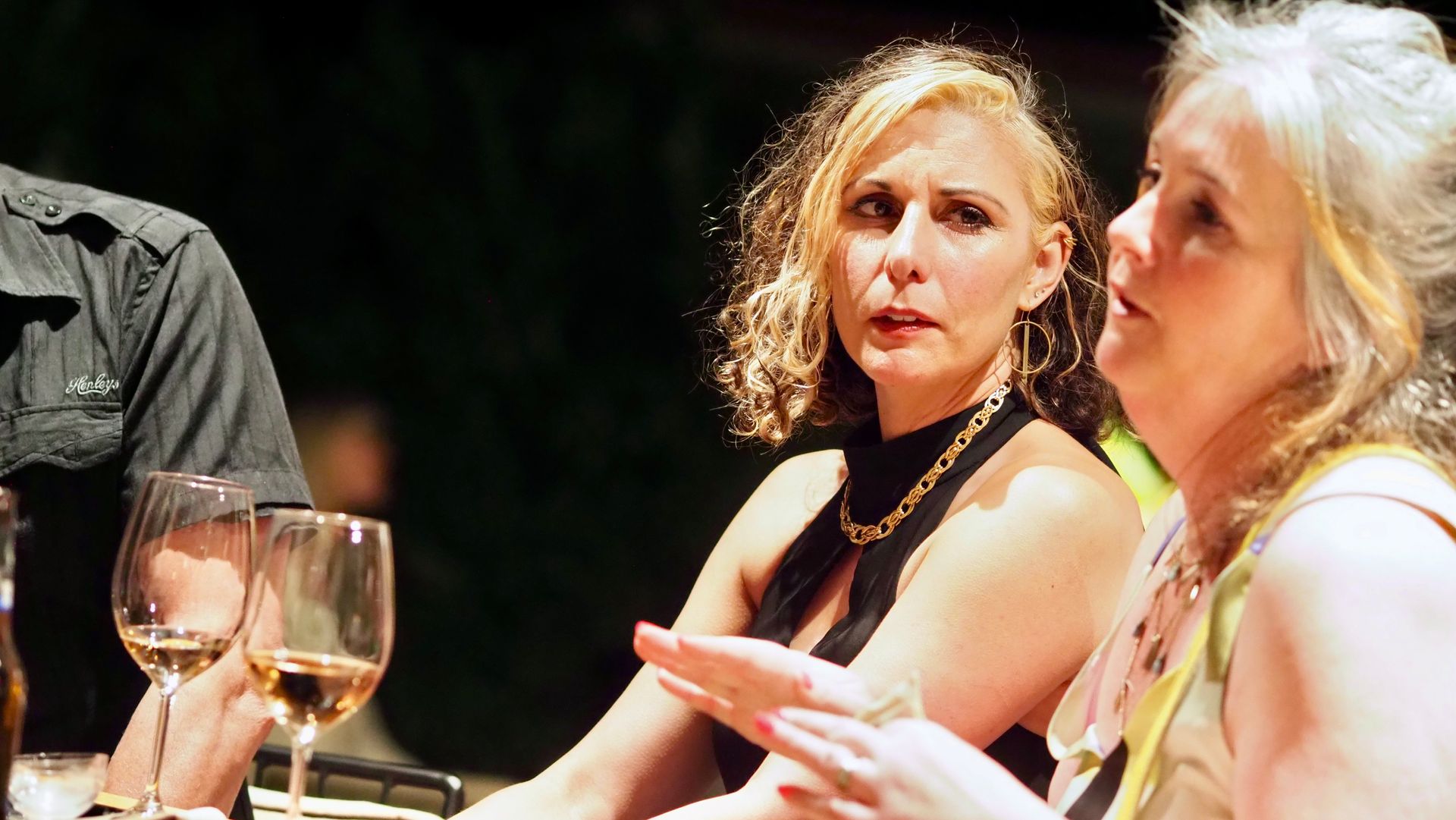 Two women seated at a table, one speaking, with wine glasses in the foreground.