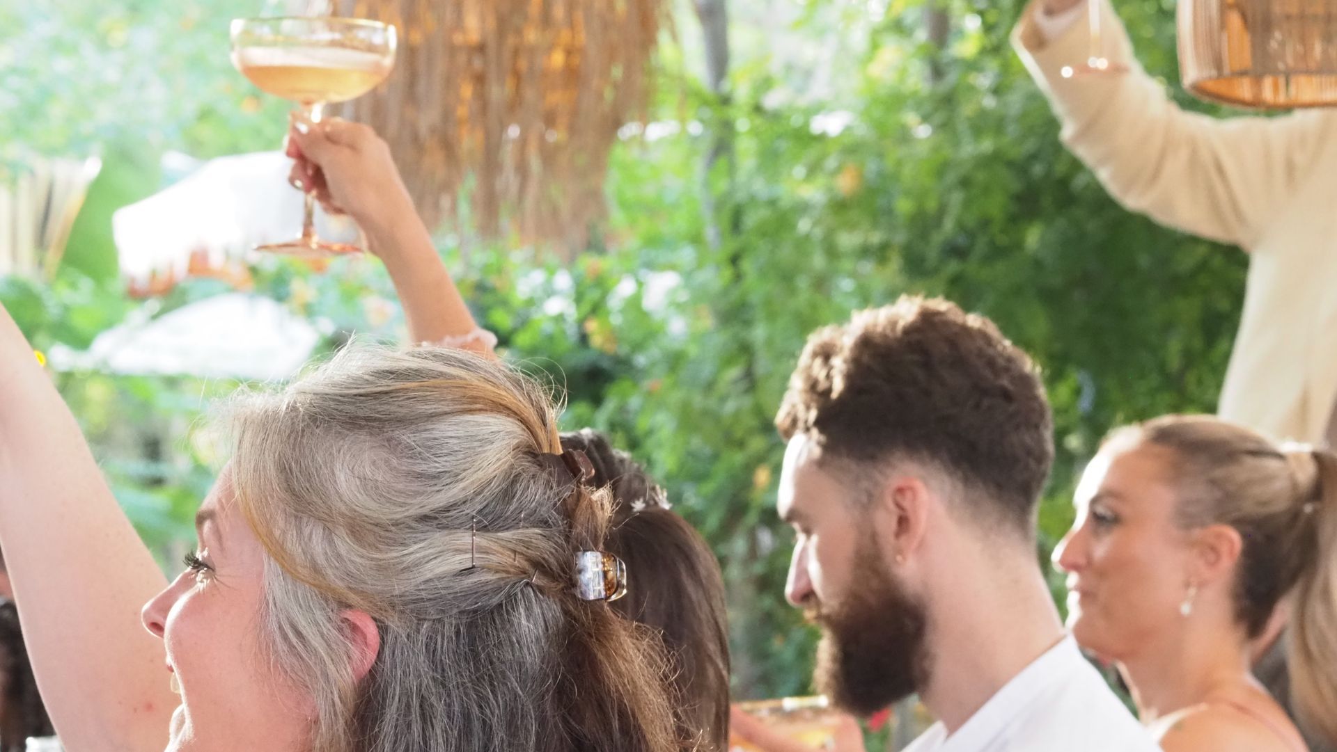 People raising glasses at an outdoor celebration with greenery in the background