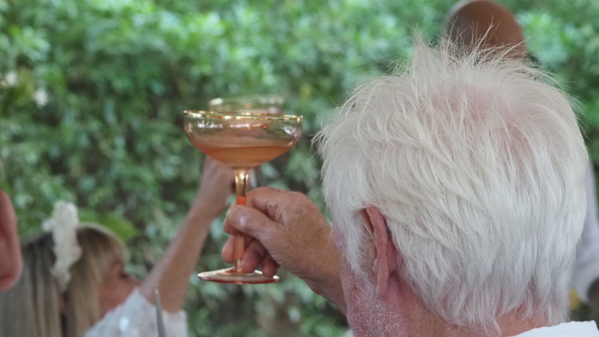 An elderly person raises a champagne glass at an outdoor gathering with greenery in the background