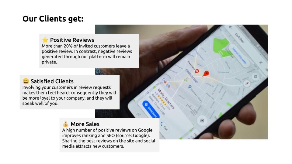Hand holding a smartphone with a map app, alongside client testimonial callouts and ratings.