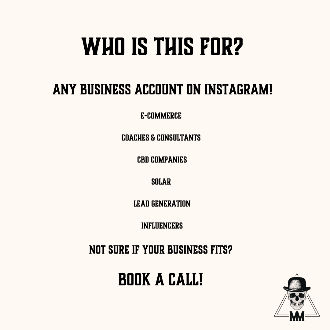 Black-and-white promo graphic asking, “Who is this for?” with business types and “Book a call!”
