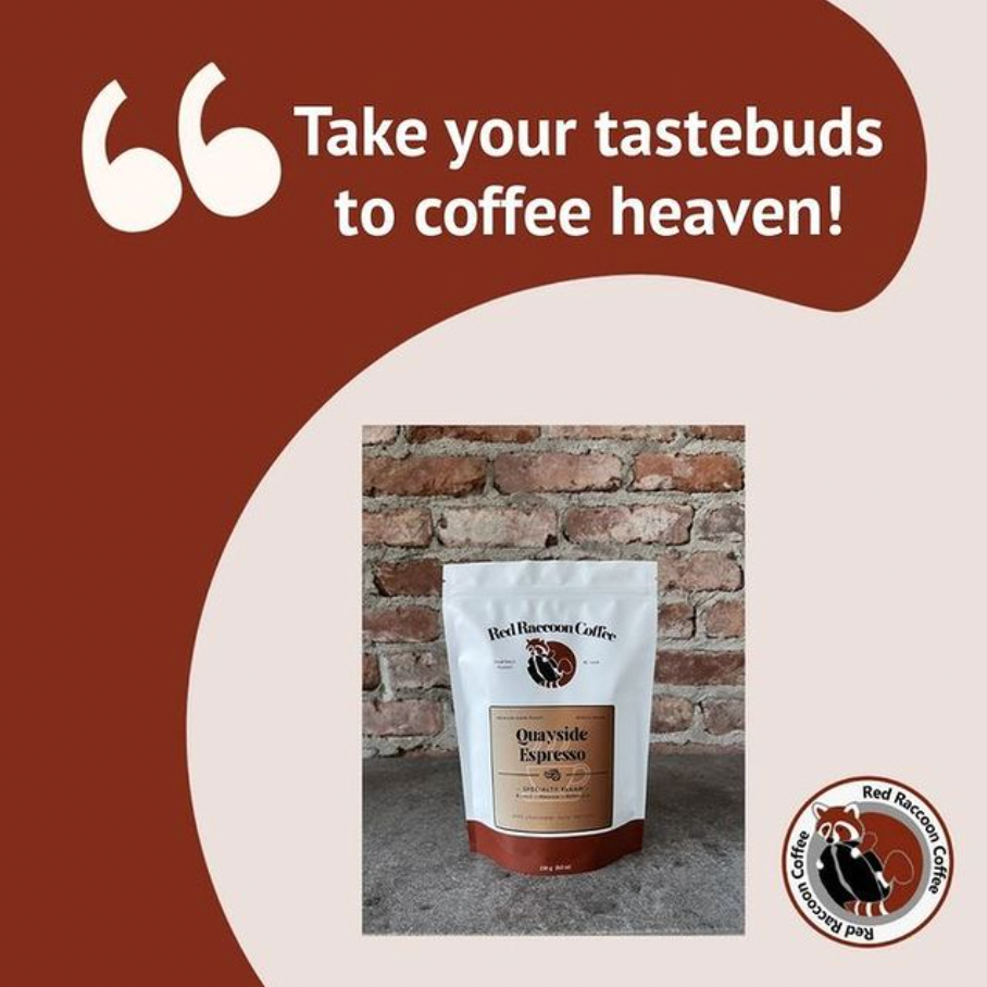 Coffee product ad with a white bag against a brick wall and the slogan “Take your tastebuds to coffee heaven!”