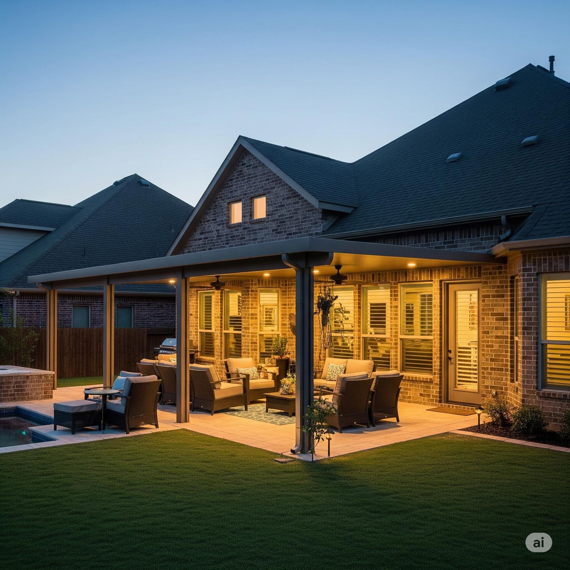 Completed backyard patio remodel with aluminum cover and stone details in Conroe.