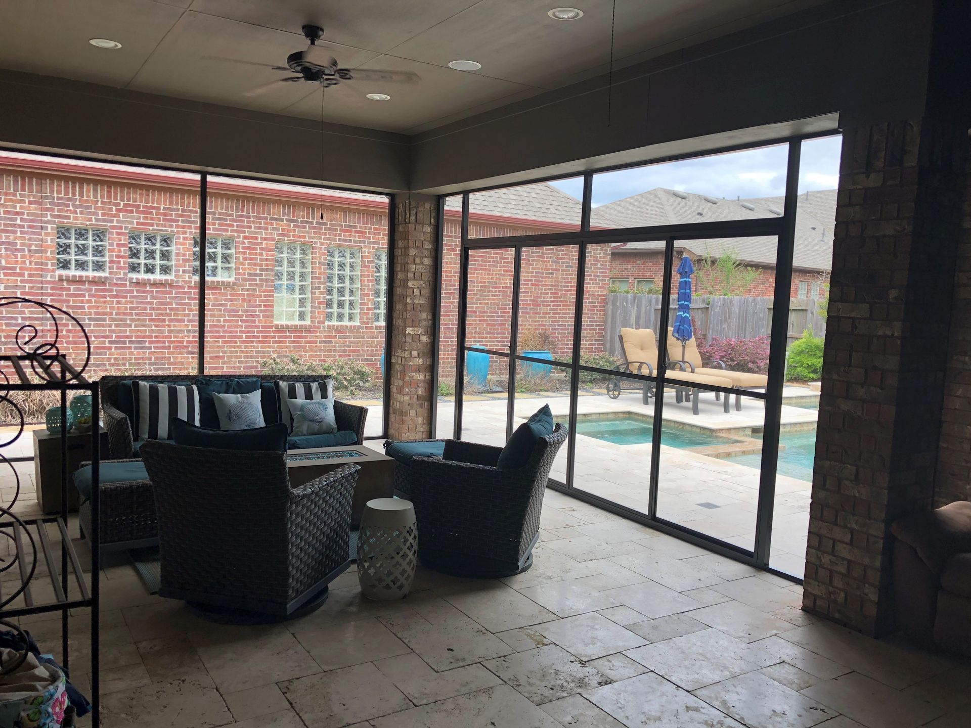 Cypress screen room with built-in lighting and durable aluminum framing