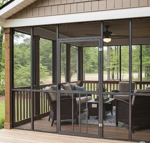 Custom-built screened-in patio in Houston, TX, showcasing structural insulated roof and mesh enclosu