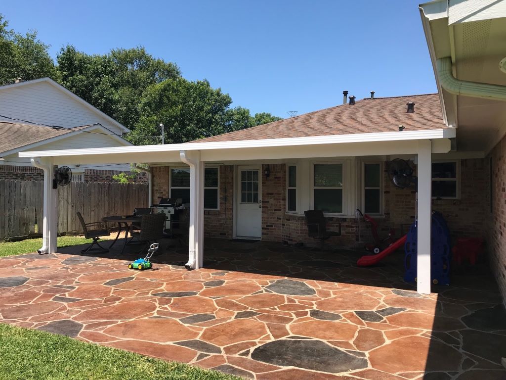 Multi-panel insulated aluminum patio roof in Missouri City backyard.