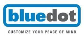 The BlueDot logo with the word "blue" in blue, "dot" in gray, and the tagline "CUSTOMIZE YOUR PEACE OF MIND" below.