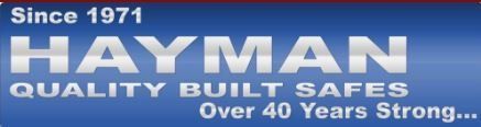 Logo for Hayman Quality Built Safes, established in 1971, featuring white text on a blue gradient background.