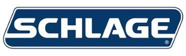 The Schlage logo features white, bold lettering centered inside a slanted, navy-blue rectangular box with rounded corners.