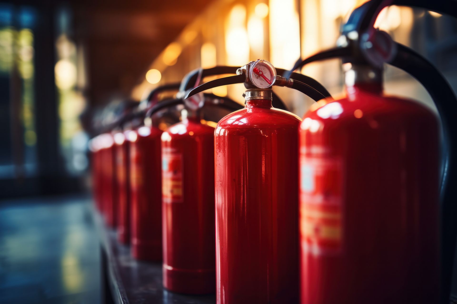 Row of red fire extinguishers with black hoses, lined up in a well-lit space.