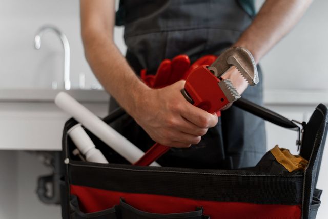 Person holding a red pipe wrench, reaching into a red and black toolbox near a sink.