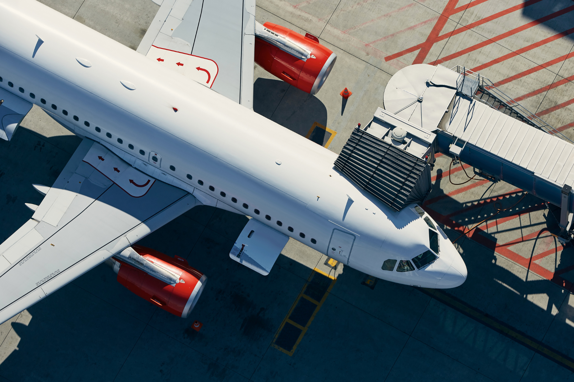 An aerial view of an airplane at an airport