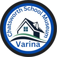 A logo for chatsworth school museum varina with a house in the center