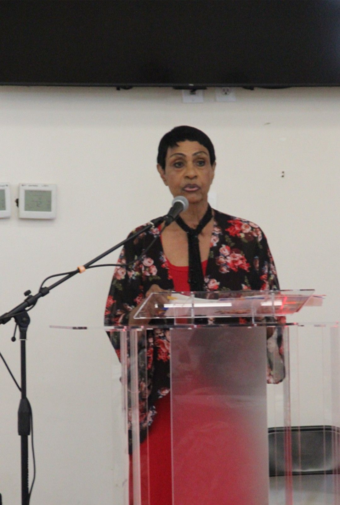 A woman is standing in front of a group of people sitting at tables.