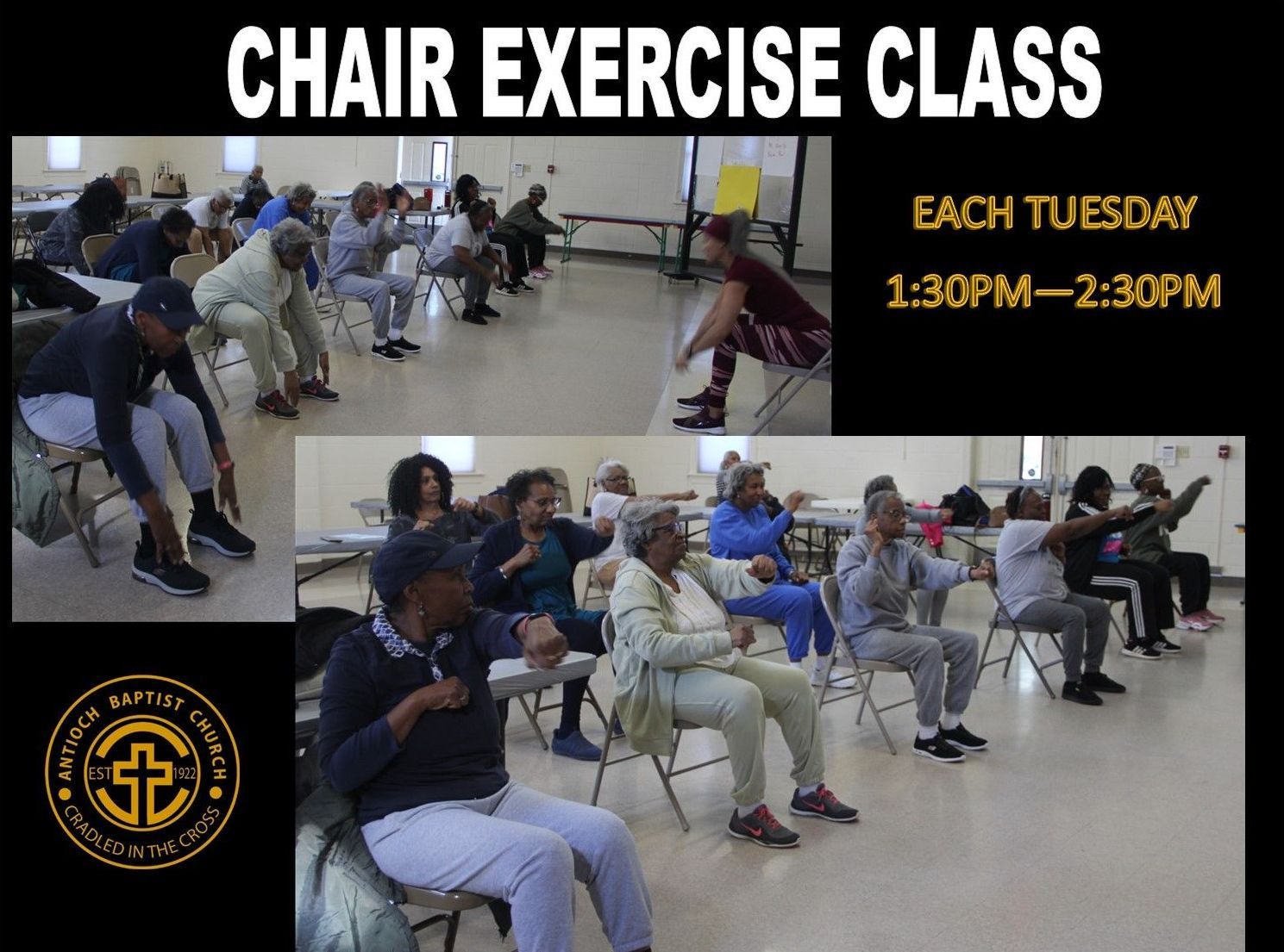 A group of people are sitting in chairs doing chair exercises.