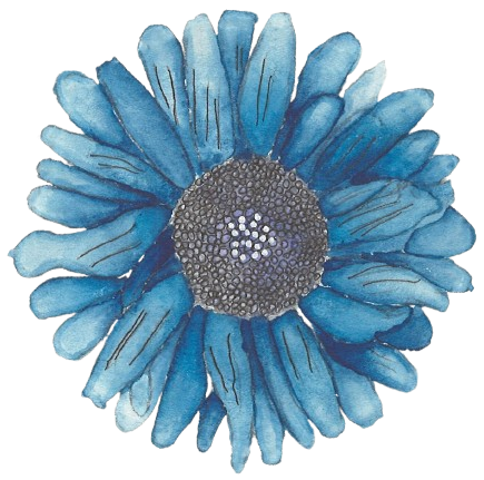 Blue watercolor flower with layered petals and a dark textured center