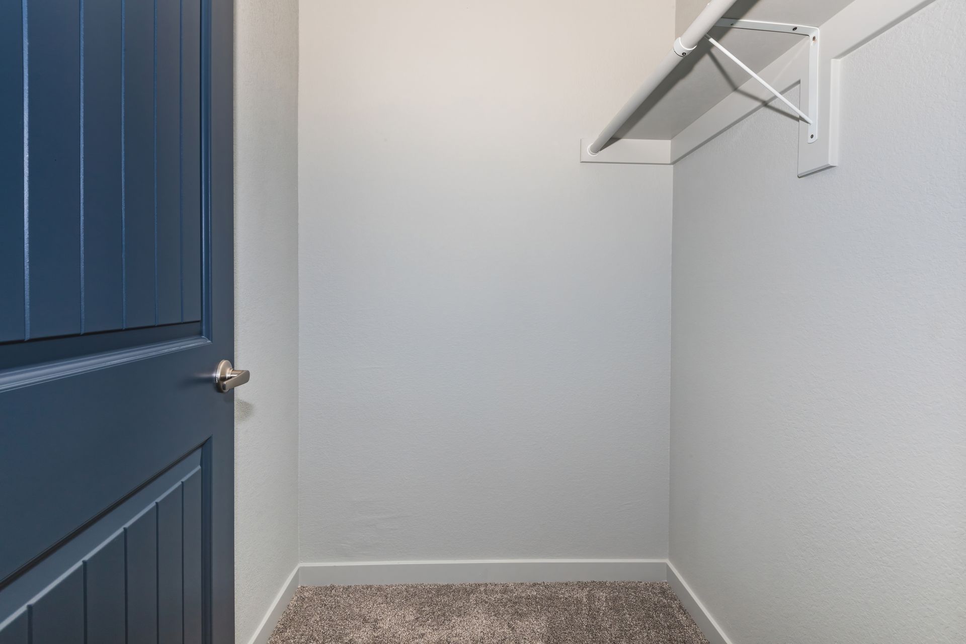 Empty closet with blue door, white walls, shelf, and carpeted floor