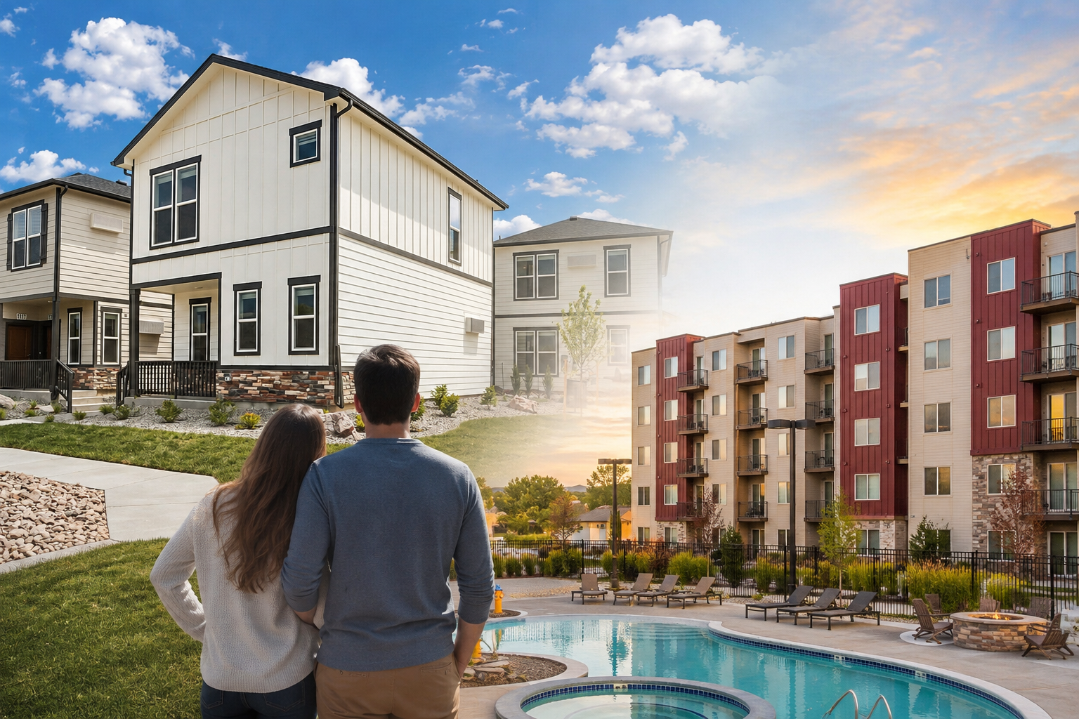 Couple walking toward modern apartment buildings beside a pool at sunset
