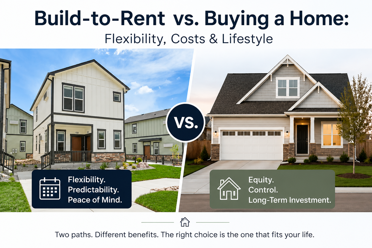 Build-to-rent vs. buying a home: modern house scenes split by “vs.” and cost, flexibility, control icons.