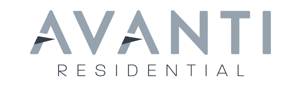 AVANTI RESIDENTIAL logo in gray and blue on a white background