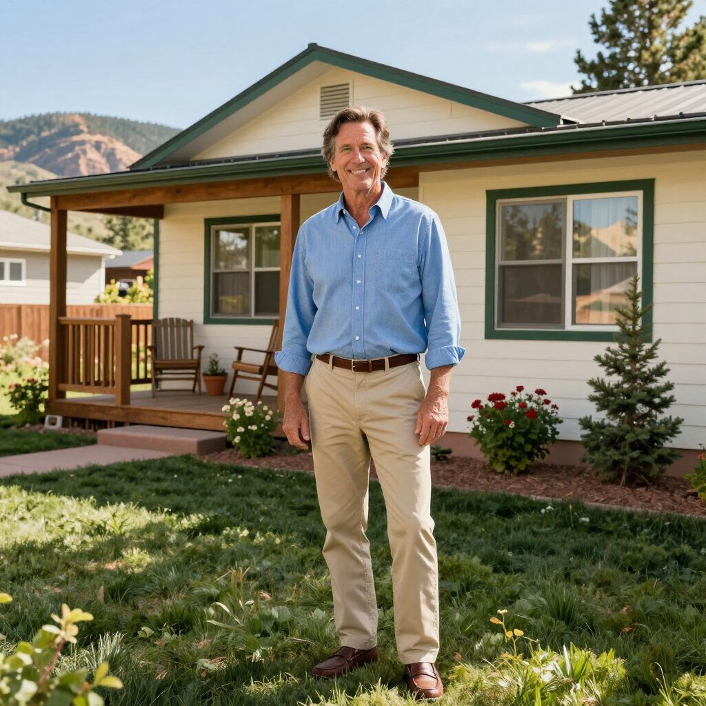 Man standing in front of a beige house with a porch and green lawn on a sunny day