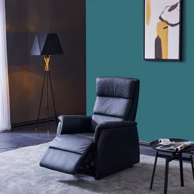 Een woonkamer met een zwarte relaxfauteuil en een lamp