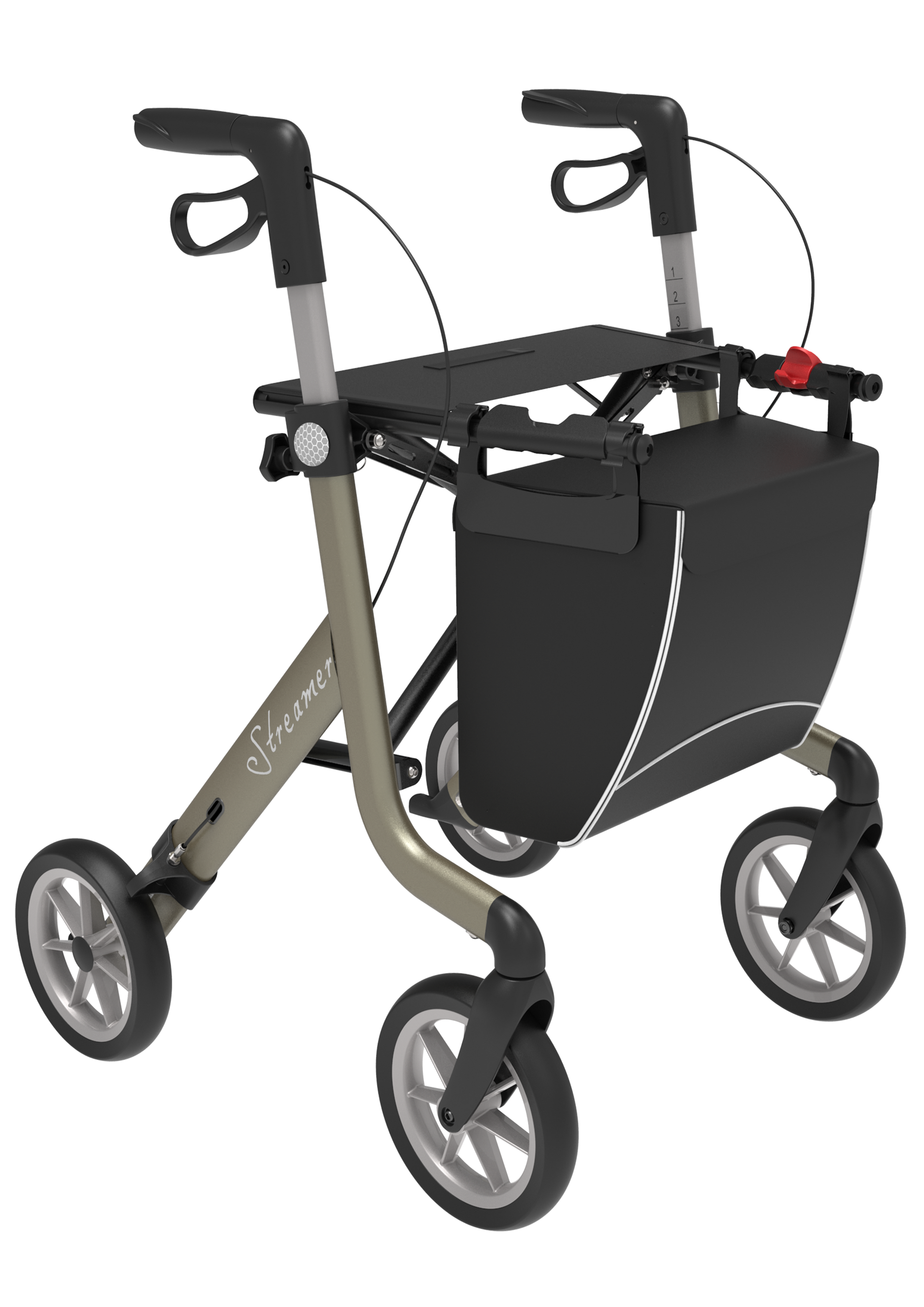 Een rollator met wielen en een zwarte tas op een witte achtergrond.