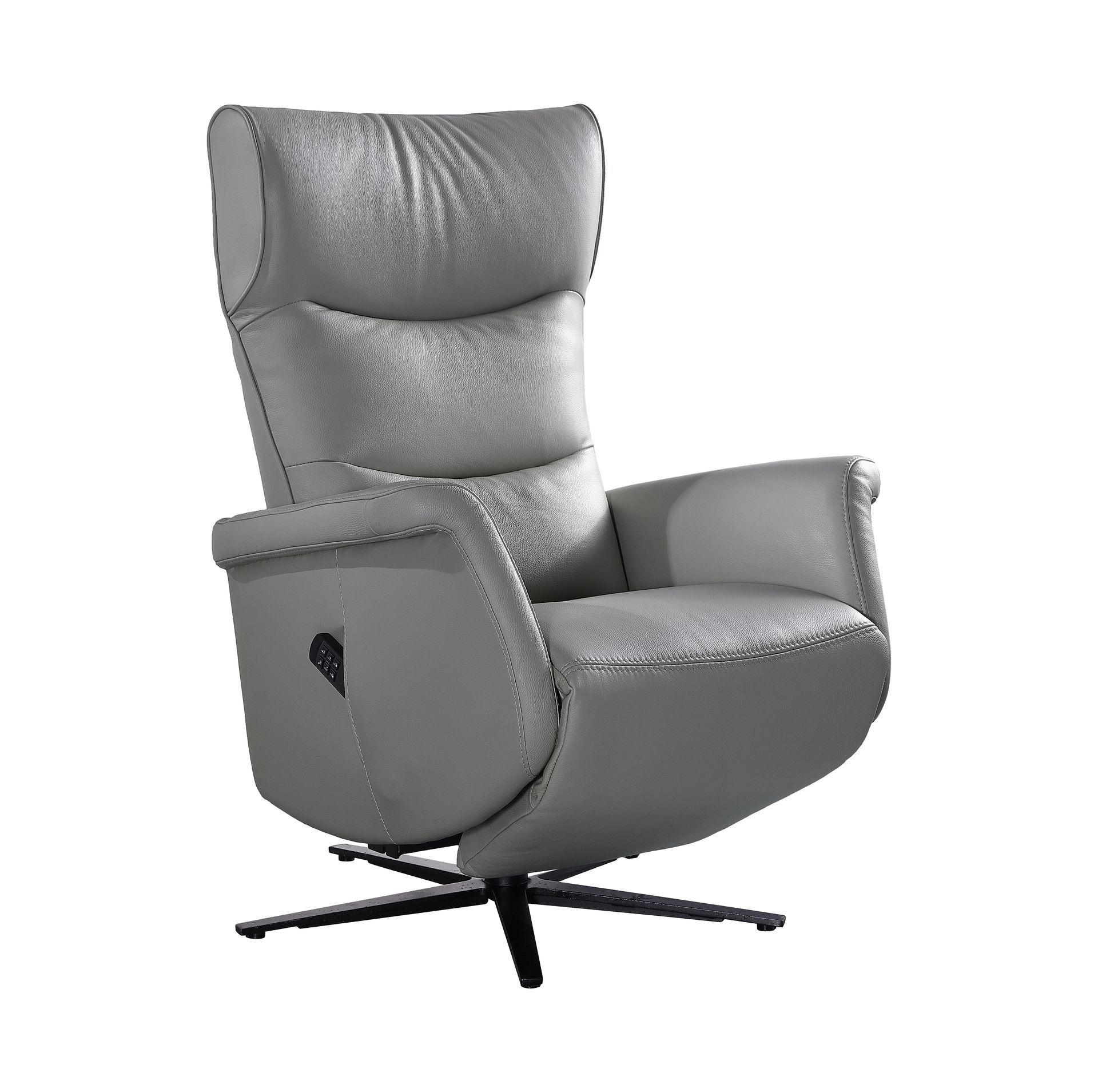 Een grijze leren relaxfauteuil met een zwart onderstel op een witte achtergrond.