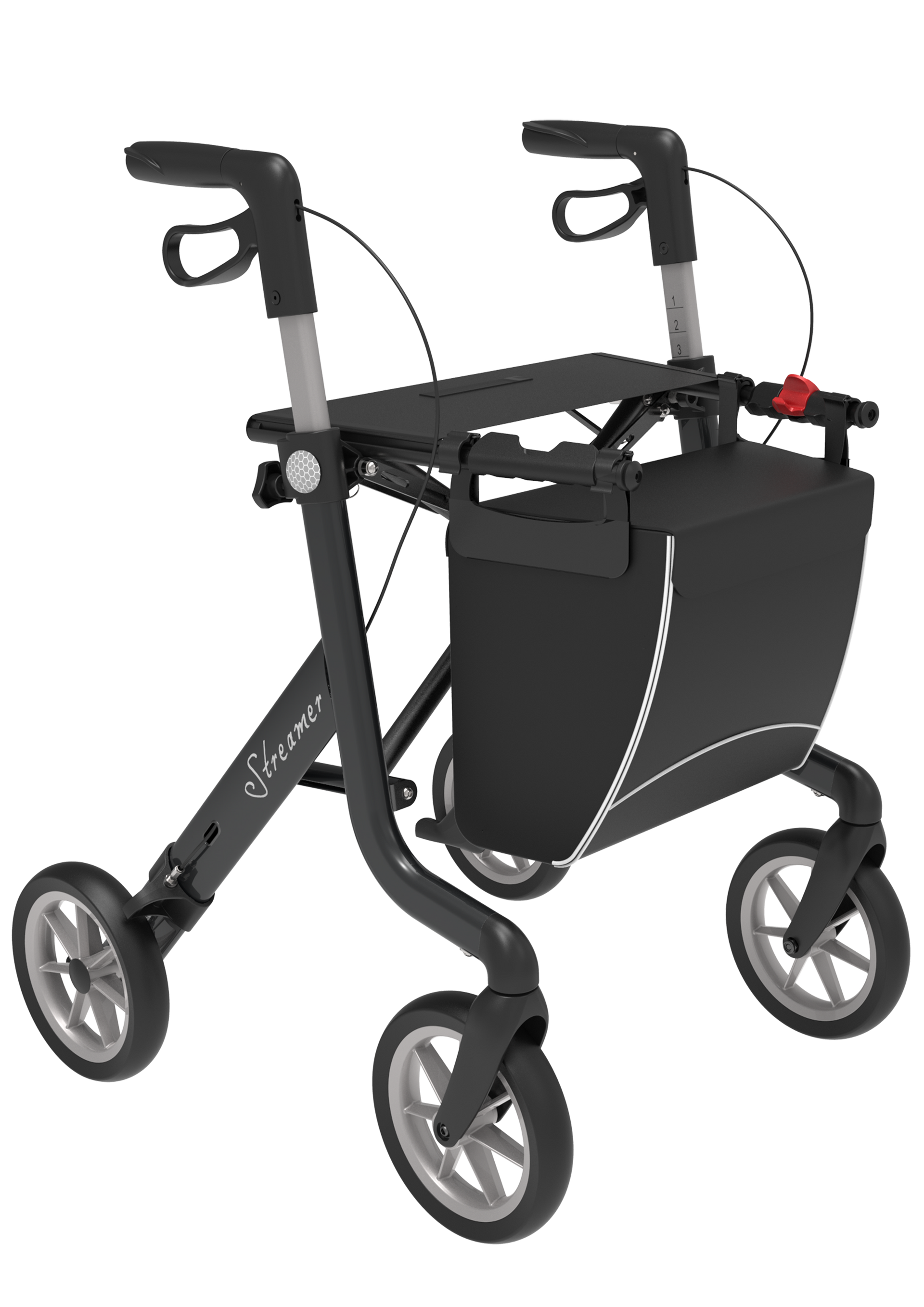 Een zwarte rollator met wielen en een tas op een witte achtergrond.