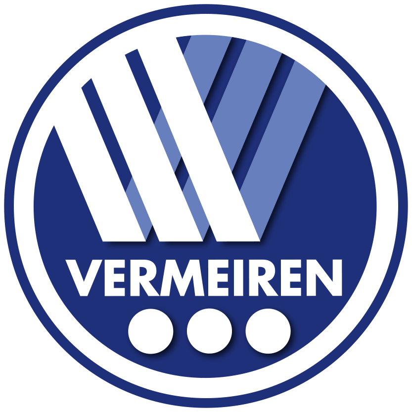 Een blauw en wit logo met de tekst vermeiren erop