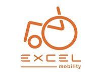Een logo voor excel mobility met een rolstoel en een klok.