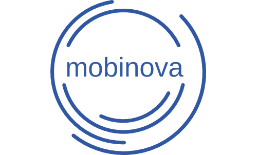 Een blauwe cirkel met daarin het woord mobinova.