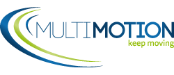 Een blauw en groen logo voor multimotion keep moving