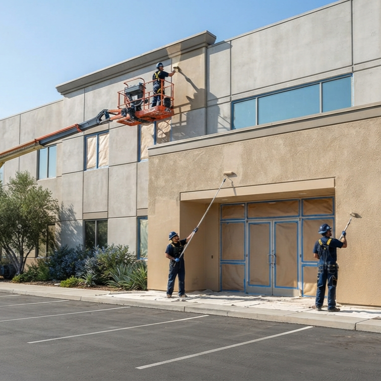Commercial painter working on a business property in Tulare