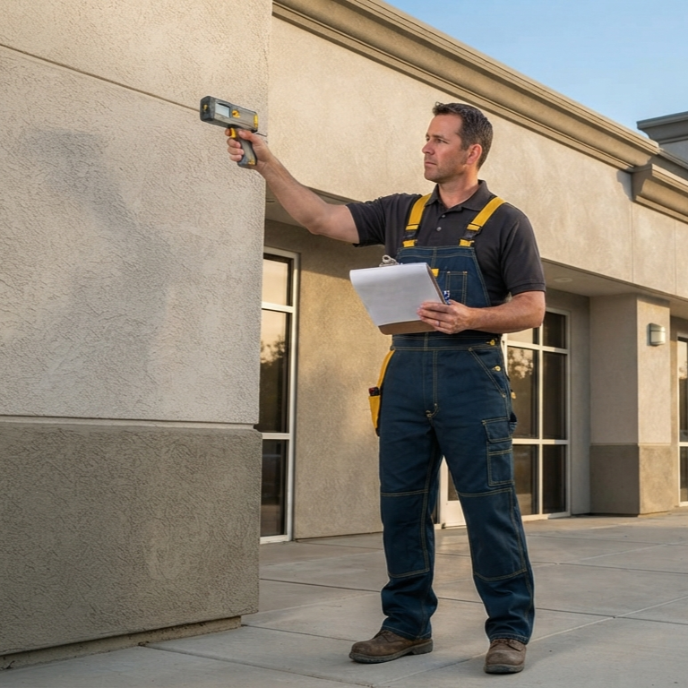 Painter preparing commercial walls before applying a fresh coat