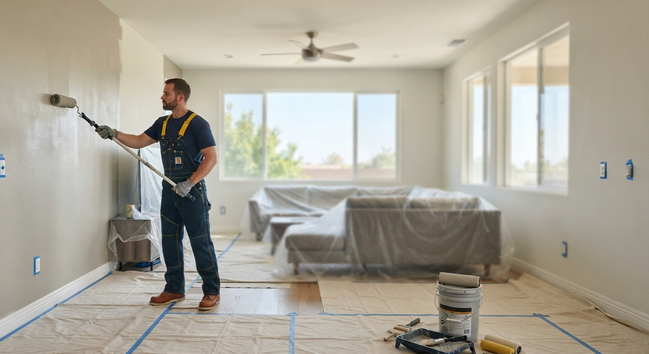 Interior painter applying paint to a wall in a Tulare home