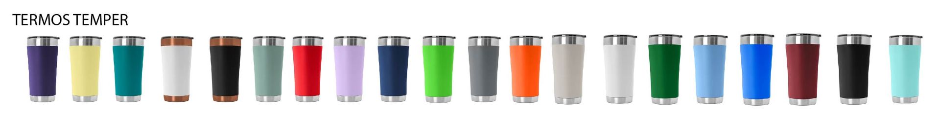 Fila de vasos de colores para bebidas sobre un fondo blanco, con el logotipo de la marca en la parte superior.
