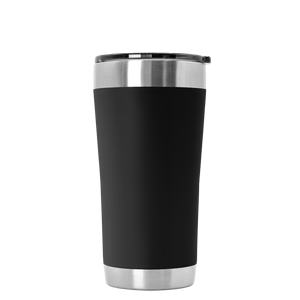 Vaso térmico de viaje negro con tapa y base plateadas sobre fondo blanco.