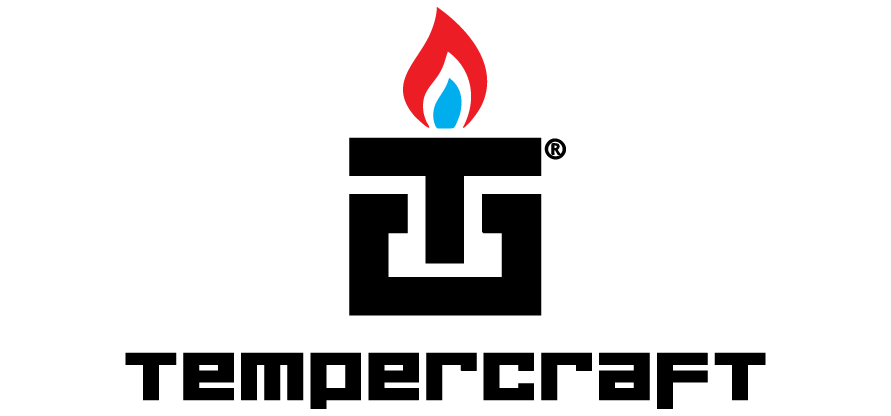 Logotipo de Tempercraftt con una llama roja y azul sobre un emblema geométrico negro.