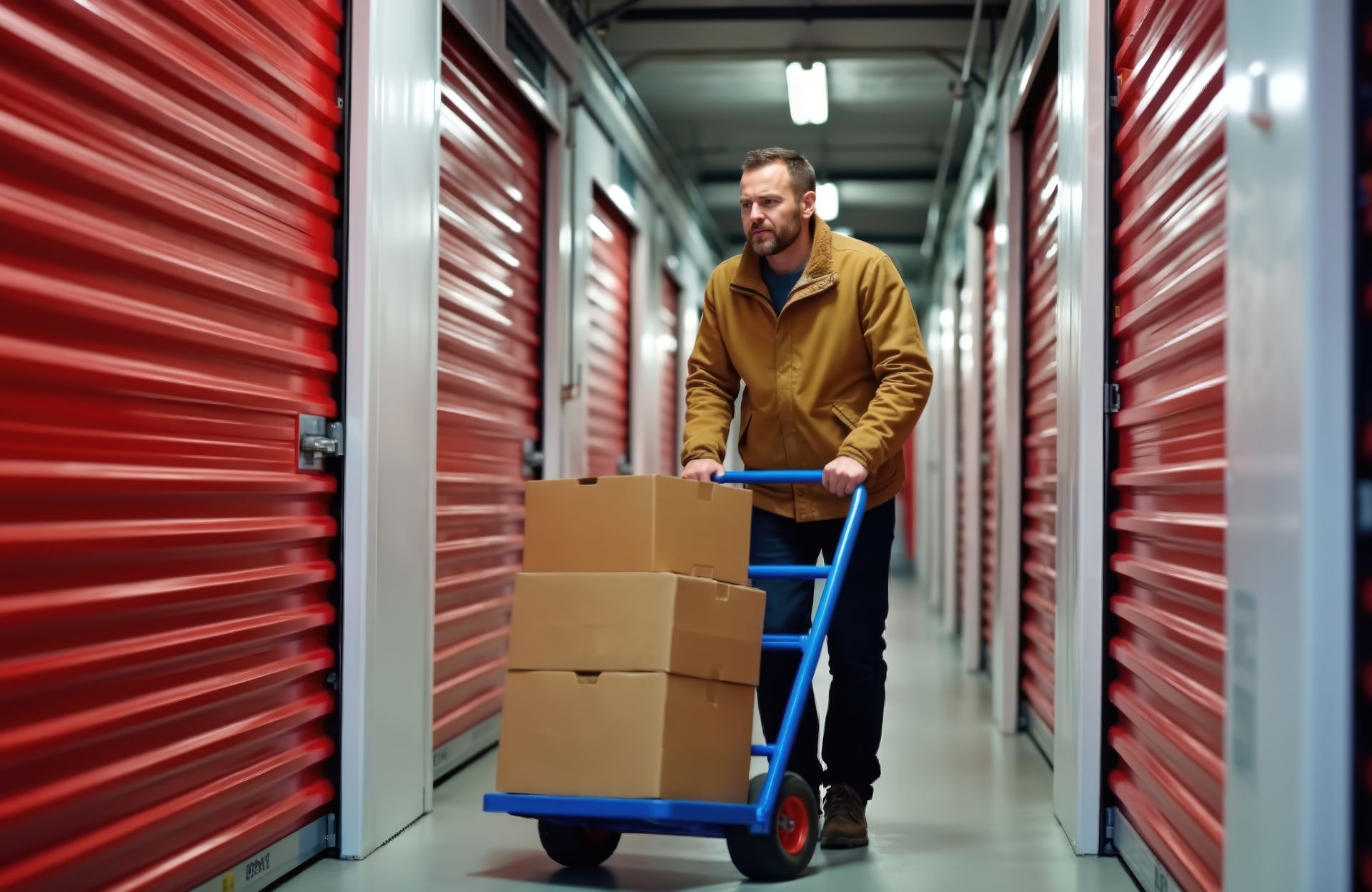 A gentleman moving boxes into his storage unit.