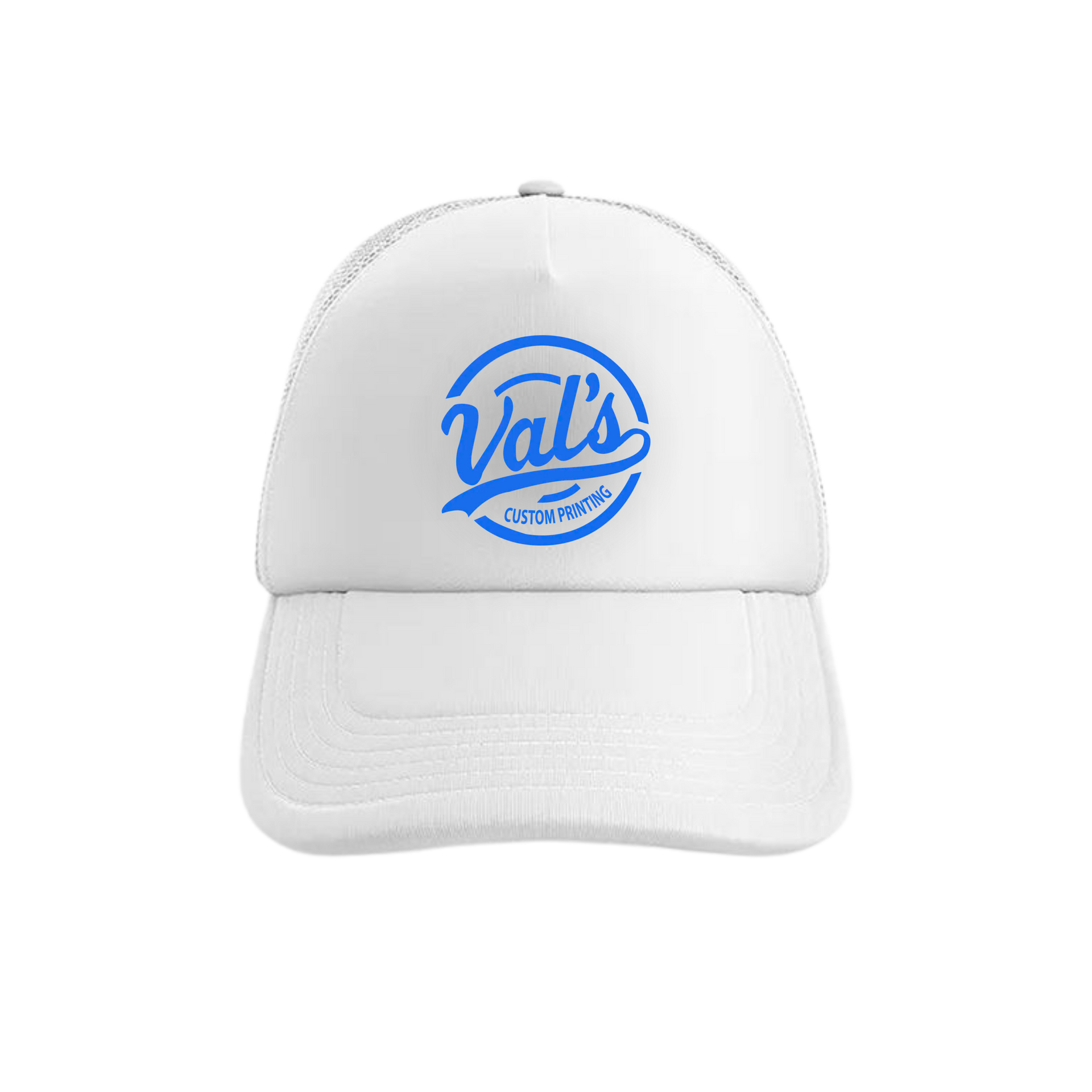 White baseball cap with a blue Val’s logo on the front