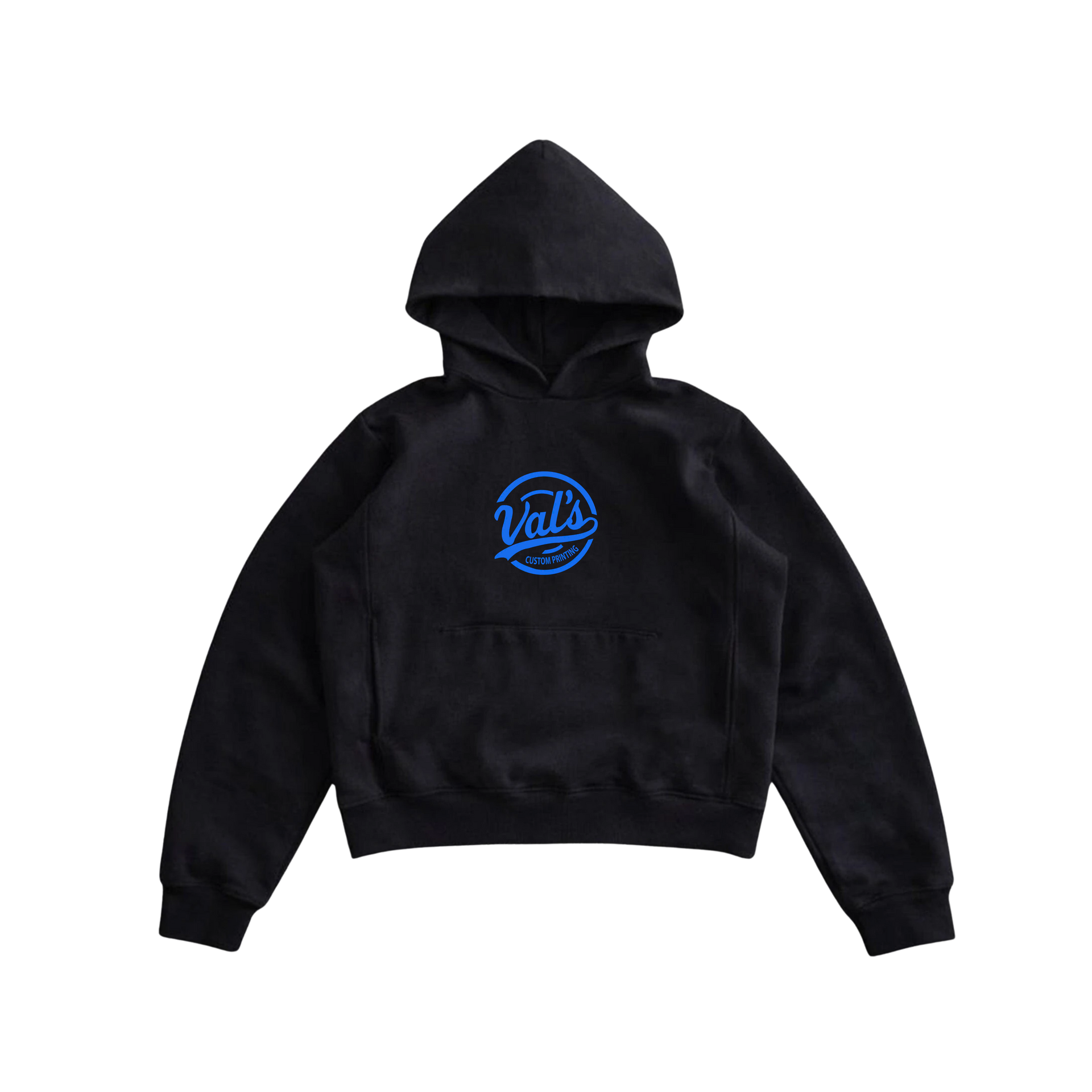 Black hooded sweatshirt with blue circular logo on the back, isolated on a white background