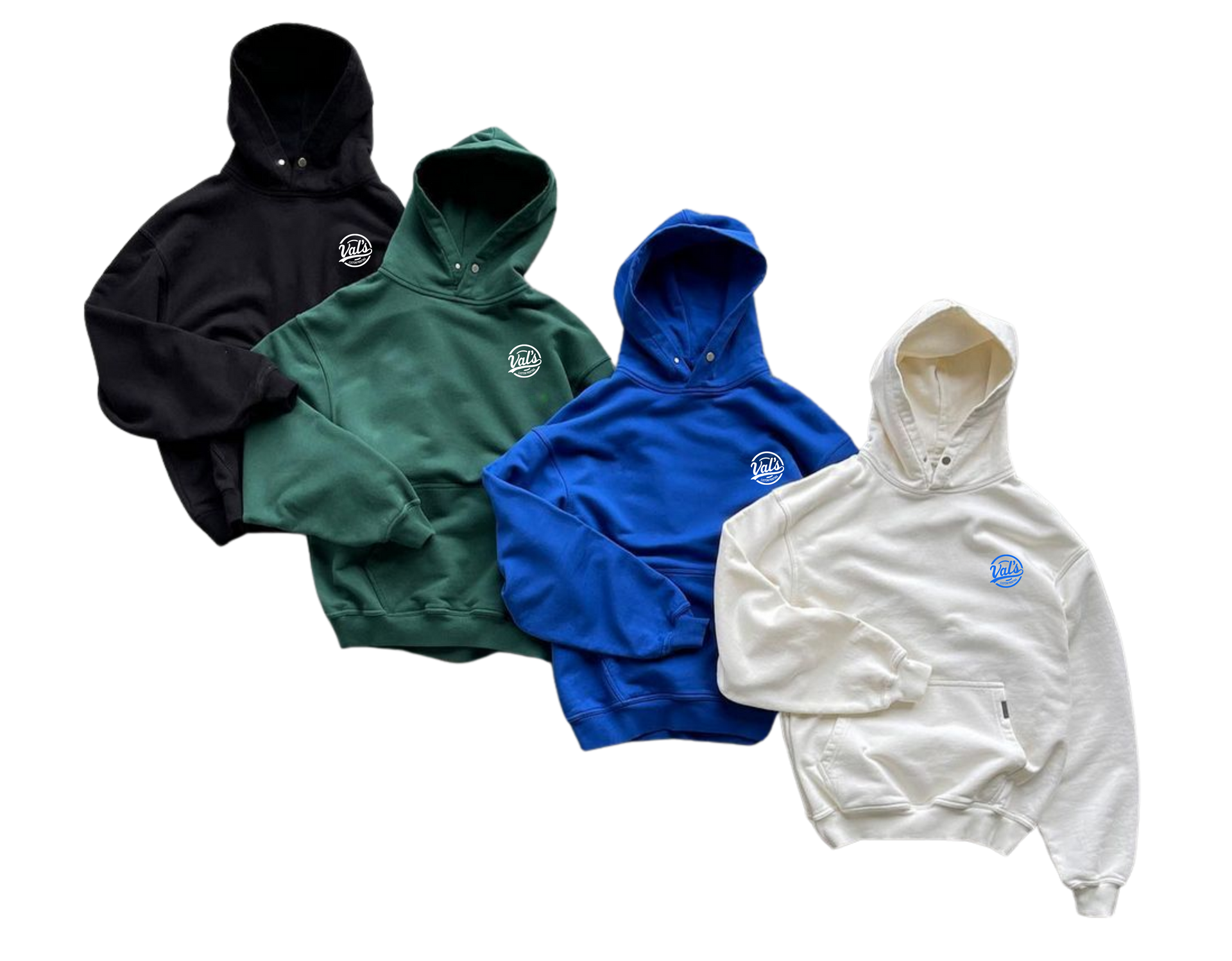 Four hooded sweatshirts in black, green, blue, and white arranged diagonally on a white background