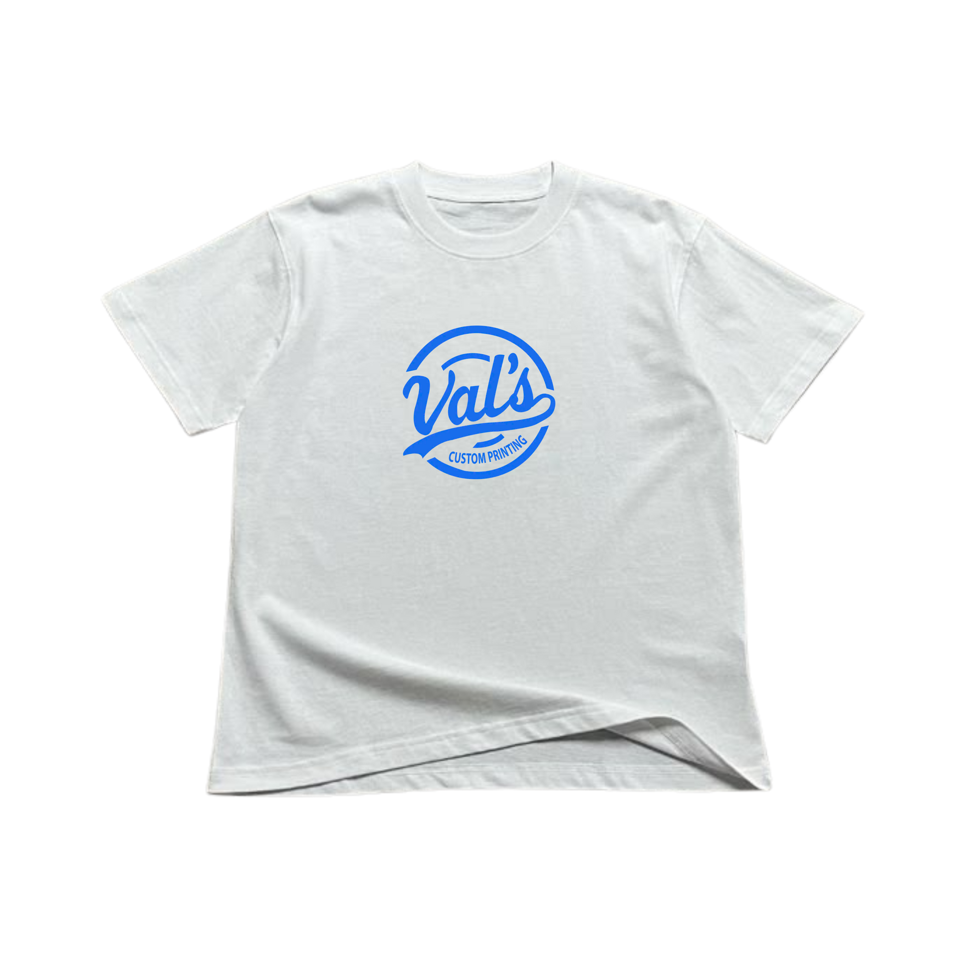 White T-shirt with blue “Vals” logo centered on the chest