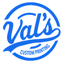 Blue “Val’s Custom Printing” logo in a circular design with stylized script and ribbon accents