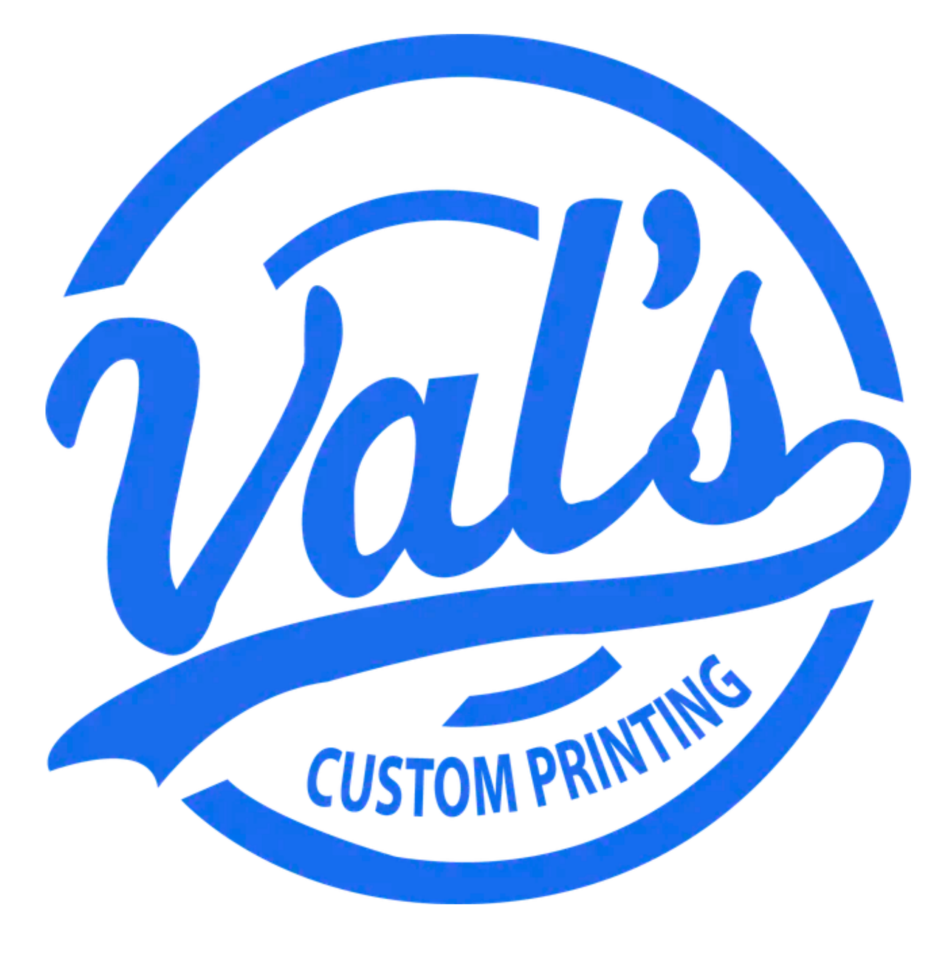 Blue “Val’s Custom Printing” logo in a circular design with stylized script and ribbon accents