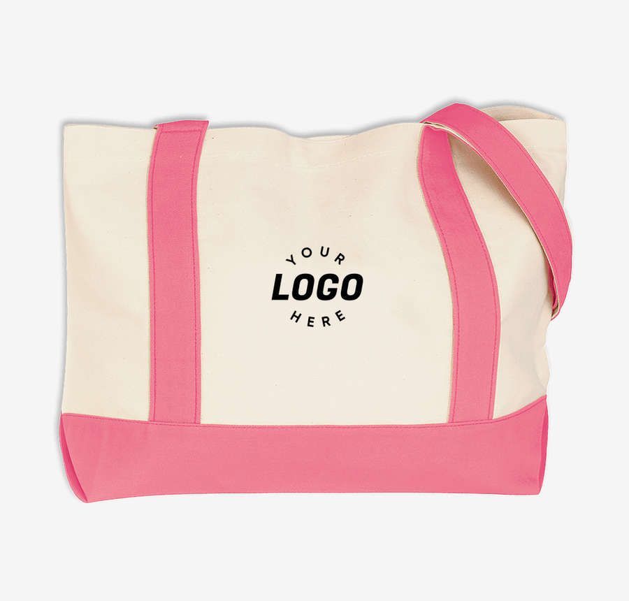Cream tote bag with pink straps and trim, featuring a centered logo