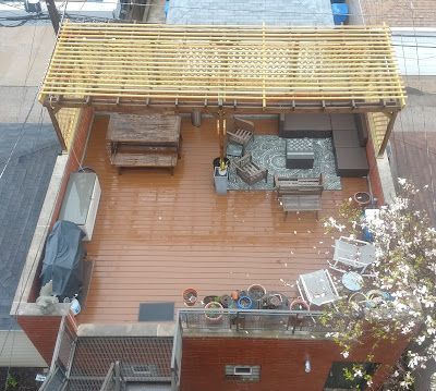 Rooftop deck with seating area, wooden pergola, and various potted plants.