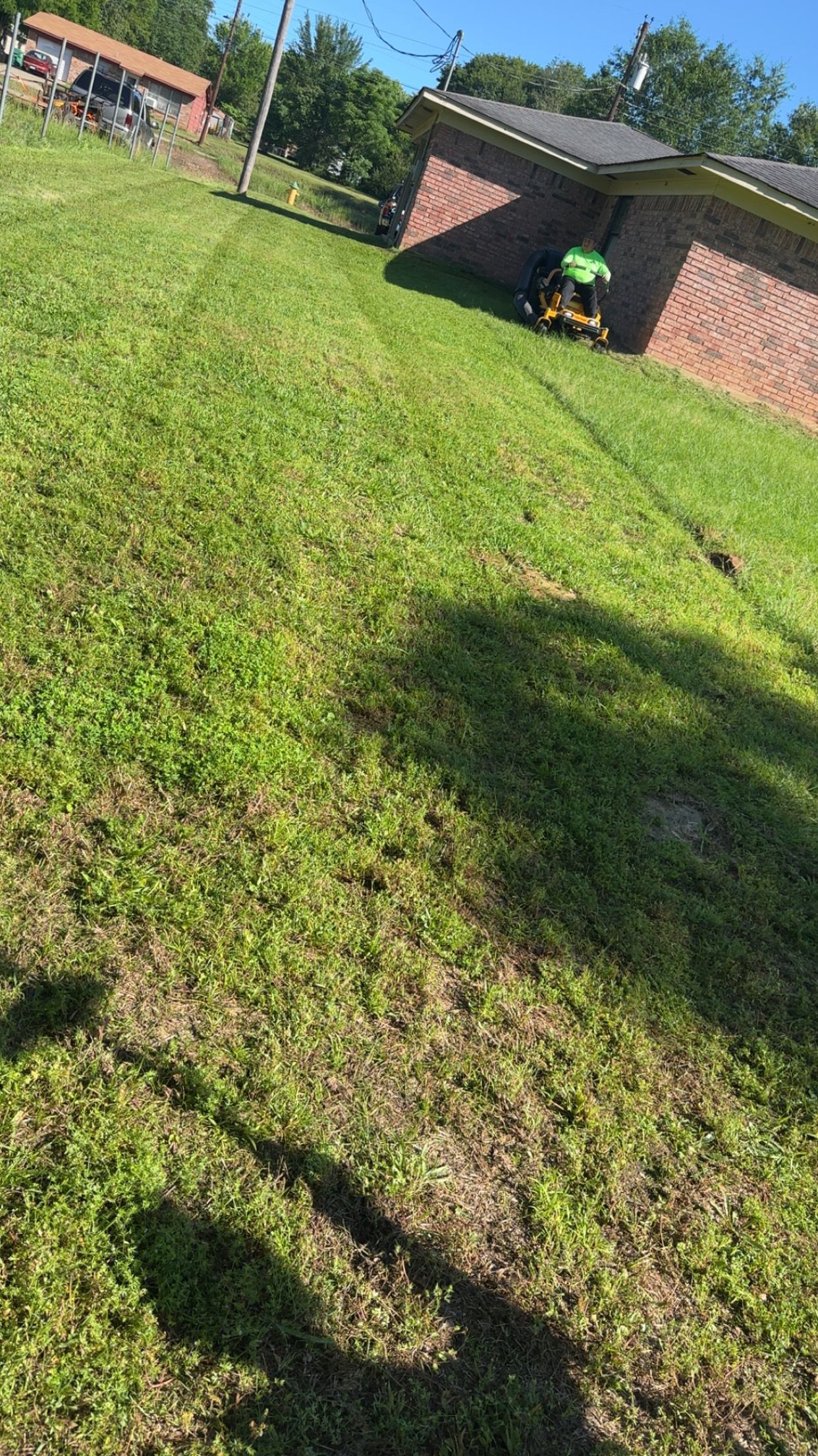 Sunlit grassy yard beside brick buildings, with a worker in a neon green shirt near the wall.