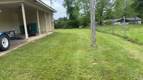 Grassy yard beside a house carport, with a fence, utility pole, and small shed in the background.